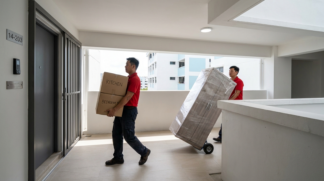 Two professional Singapore movers in red polo shirts carrying labelled cardboard boxes out of a HDB apartment, with the metal grille gate and HDB common corridor railings visible.