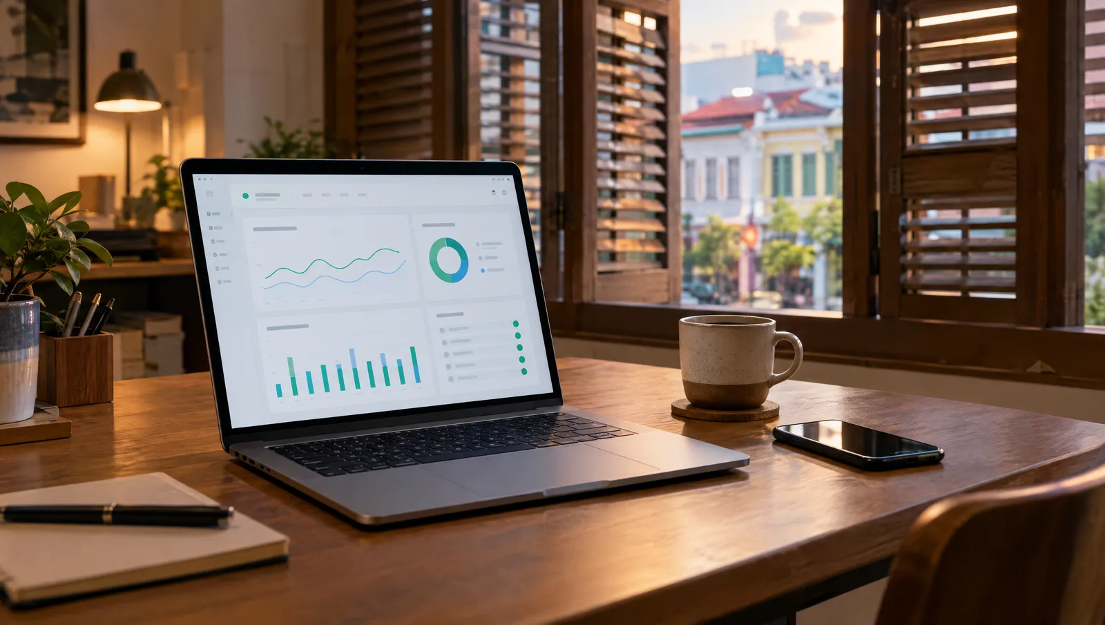 A small business desk in a Singapore shophouse office with a laptop showing a website hosting dashboard