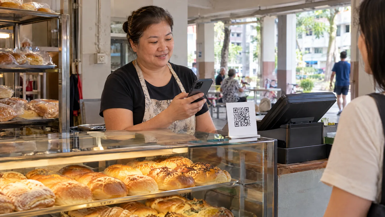 Singapore bakery owner replying to a WhatsApp Business chat on her phone, with a printed WhatsApp QR code standee on the counter