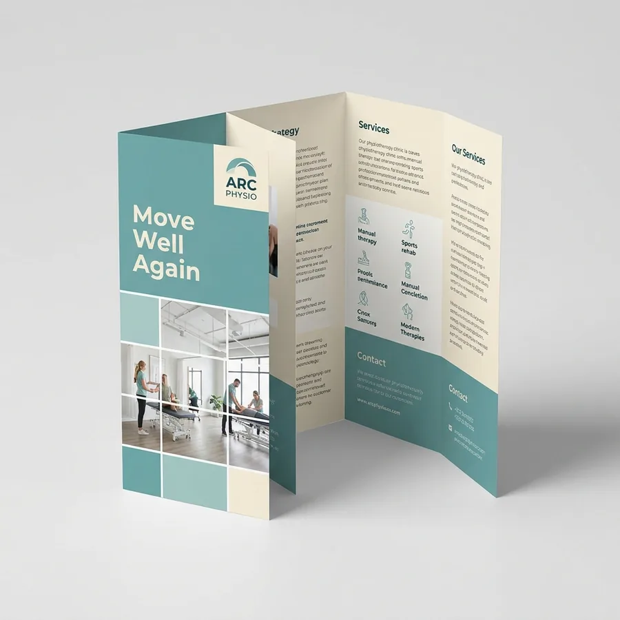 Sample tri-fold brochure design for a demo physiotherapy clinic