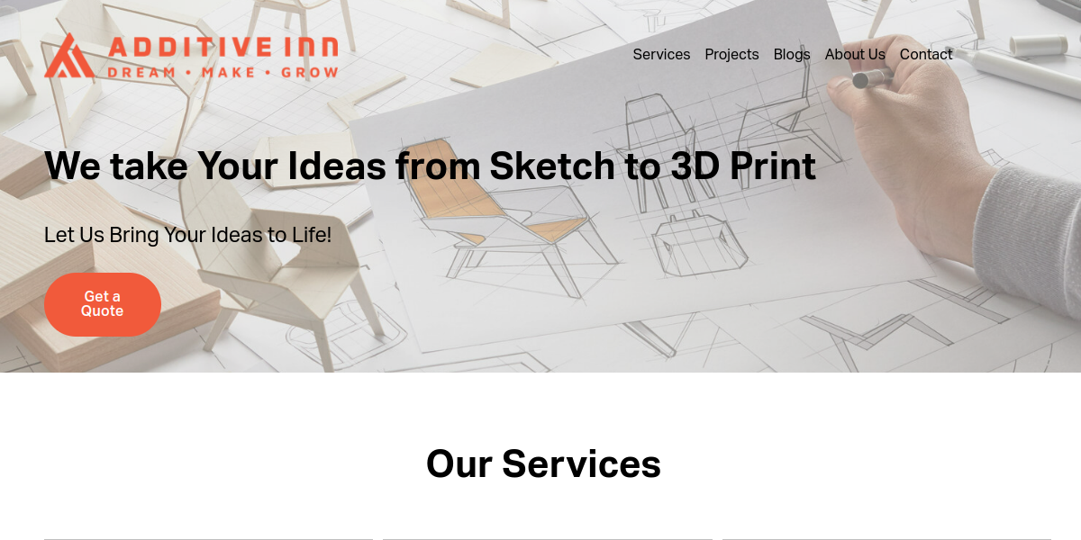 Additive Inn website before the rebuild — generic 2023 template