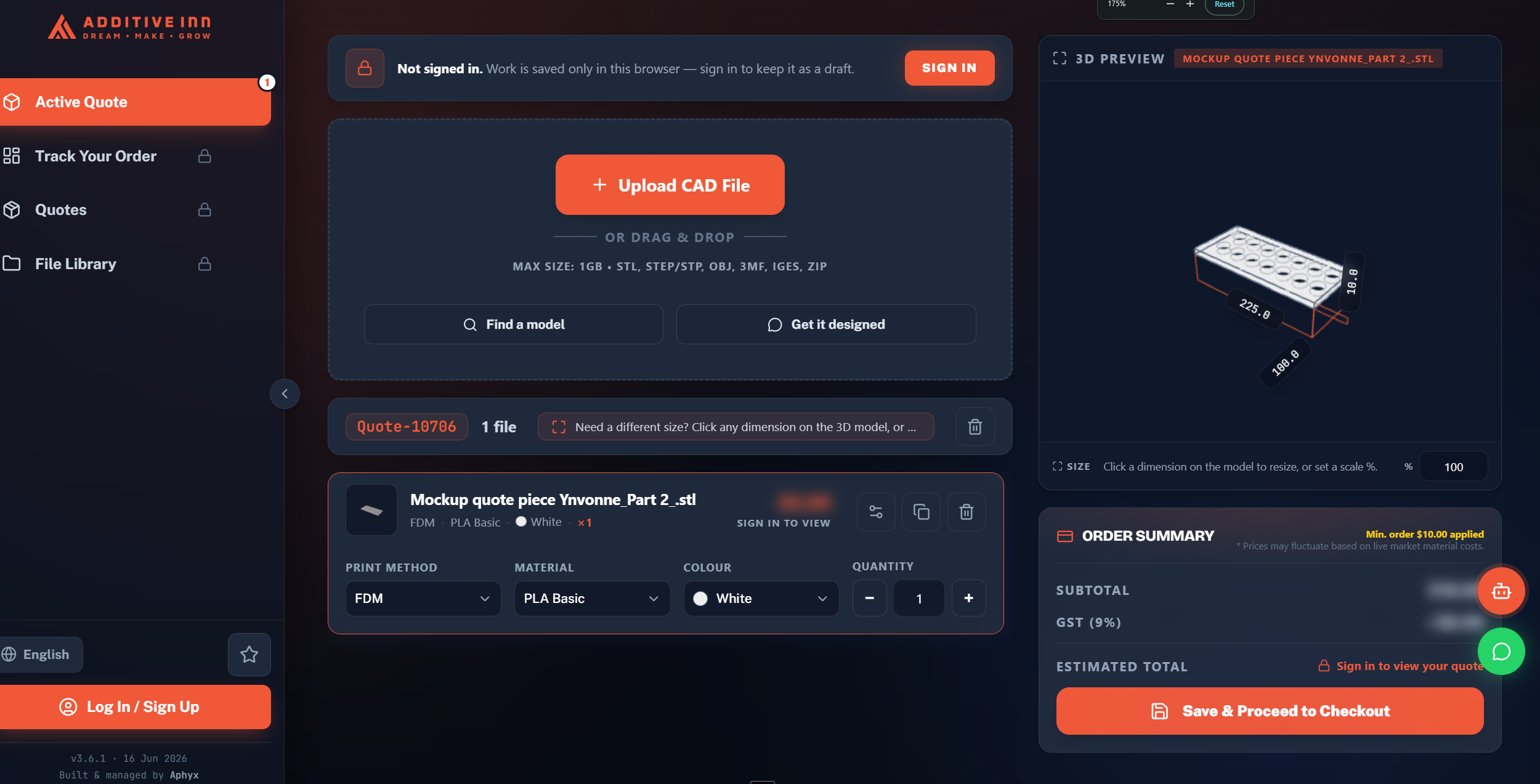 Make Me app preview — 3D-printing quote-and-checkout engine with CAD upload, material + layer-height picker, live 3D preview, and order summary