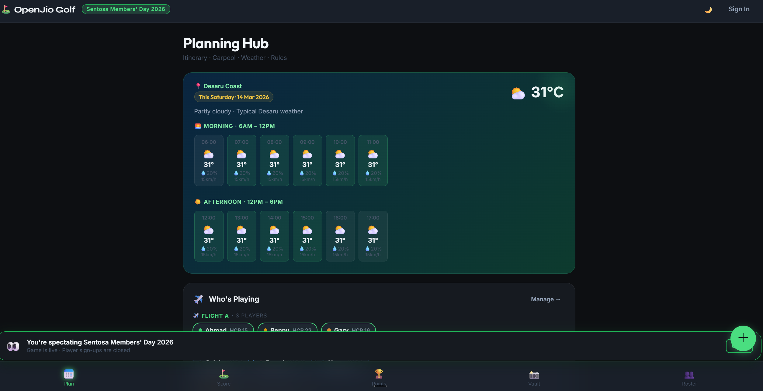 OpenJio Golf app preview — Planning Hub with live weather, who's playing, flight + carpool details