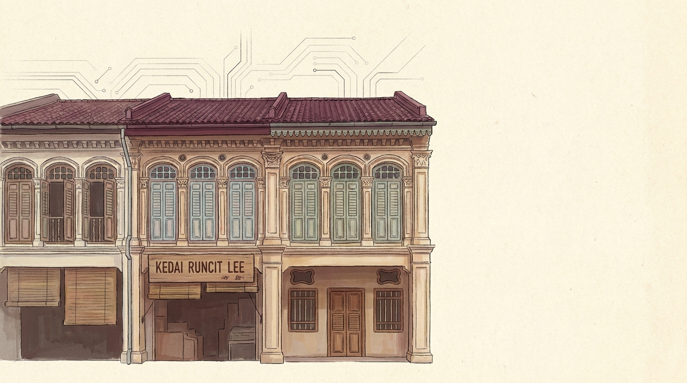 Editorial illustration: a Peranakan-style Singapore shophouse facade with a small ground-floor business signboard, with a faint geometric circuit-pattern motif etched into the sky above the rooftop.