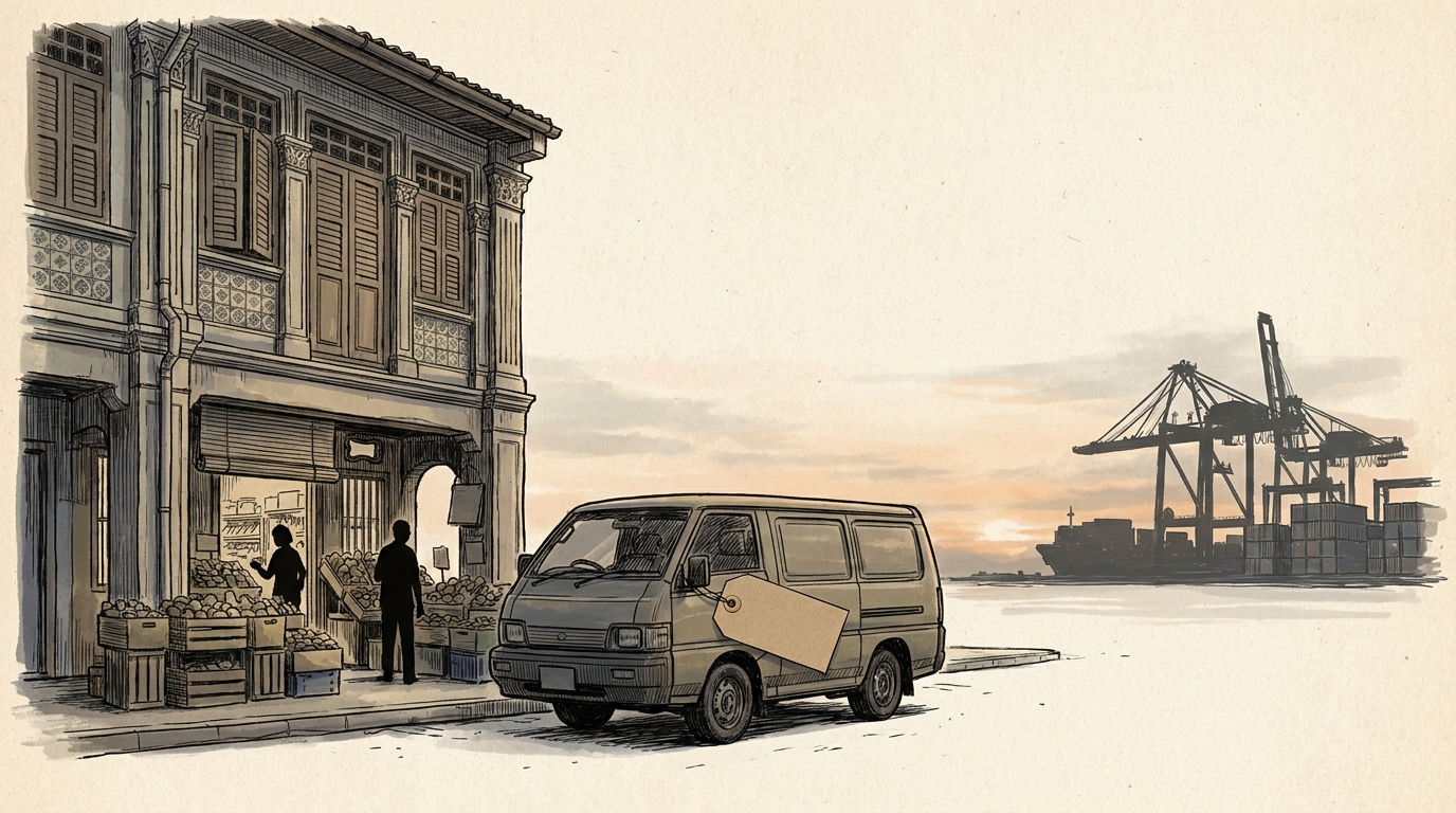 Editorial illustration: a Singapore Peranakan shophouse at dusk with customers browsing produce out front, a small delivery van parked at the kerb with a blank price tag on its mirror, and container-port gantry cranes and a cargo ship on the horizon at sunset.