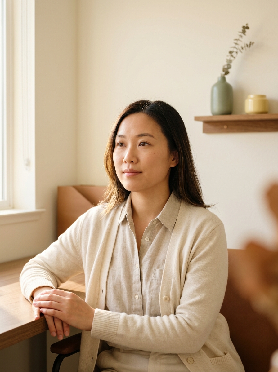 Portrait of KC, the studio's lash and brow artist