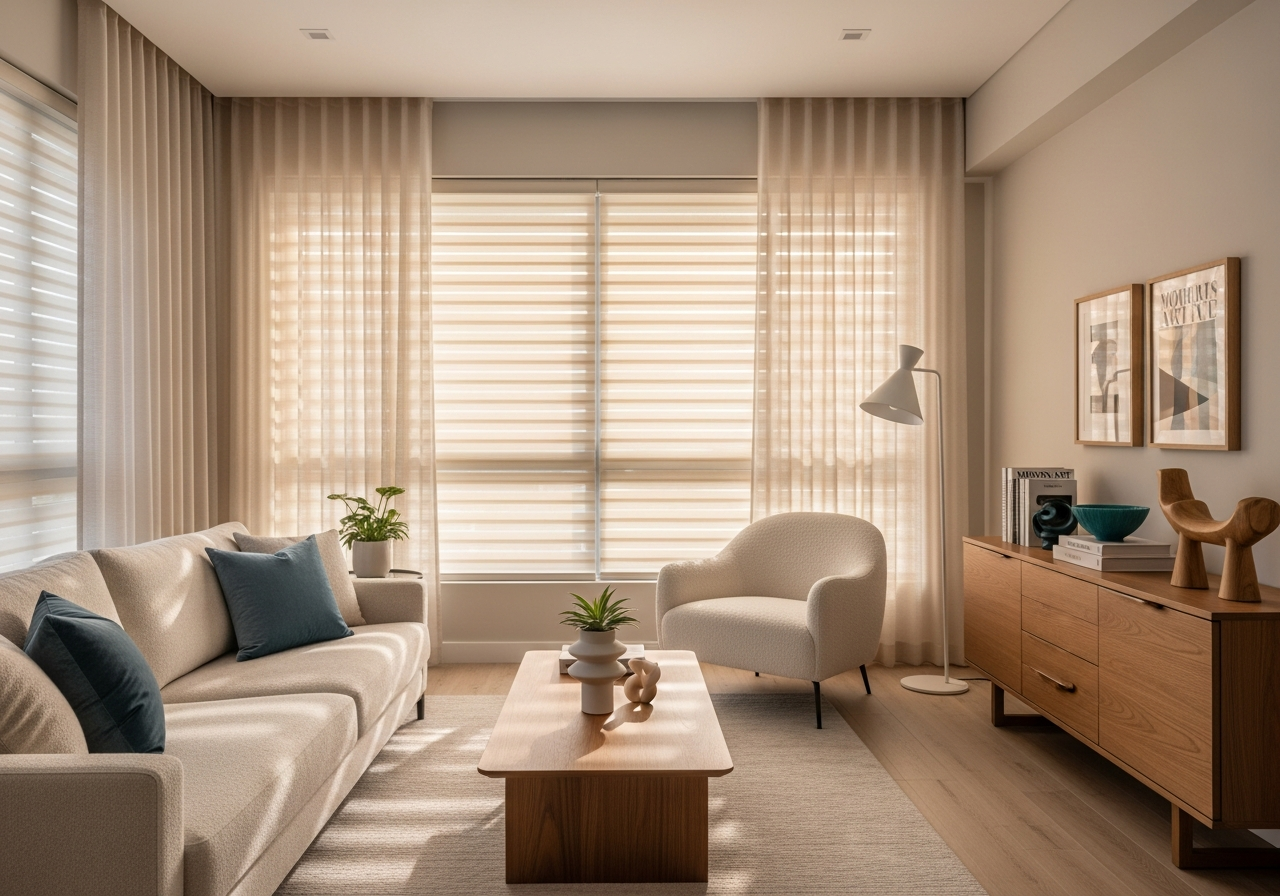 HDB living room with sheer curtains and blinds