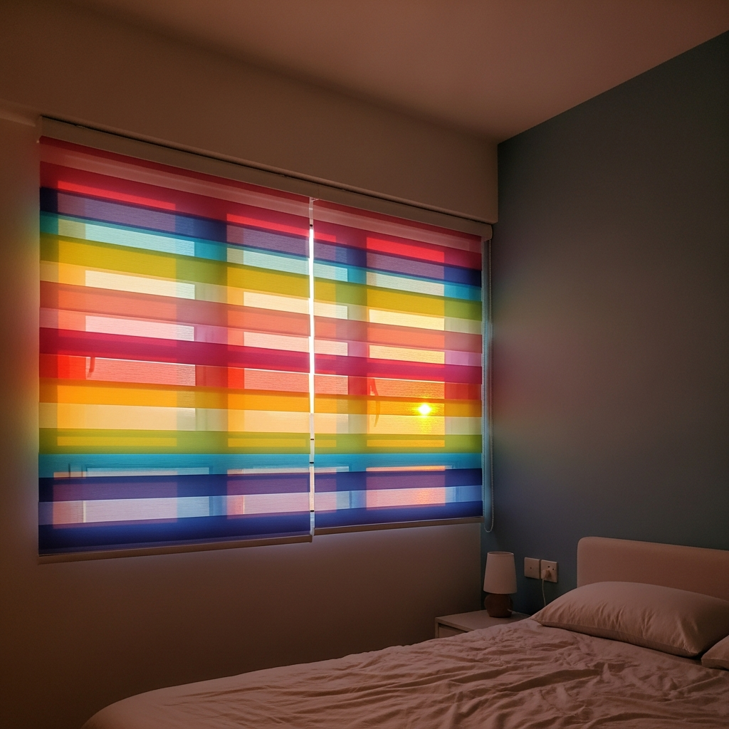 Rainbow blinds in HDB bedroom at golden hour