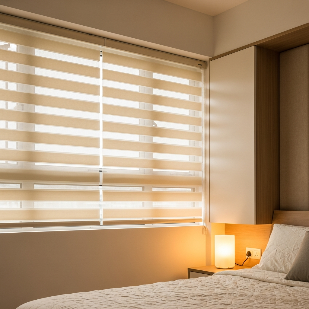 Zebra blinds tilted for privacy in HDB master bedroom