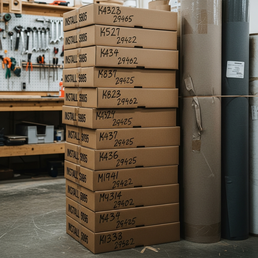 Stacked install boxes ready for delivery van