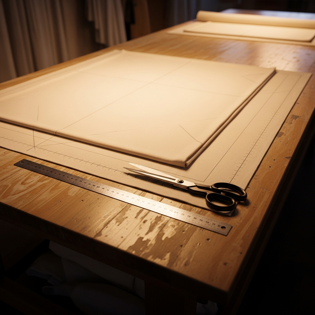 Cutting table with measured fabric and chalk markings