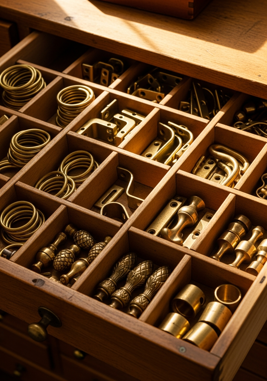 Hardware drawer with brass curtain rings, brackets and finials