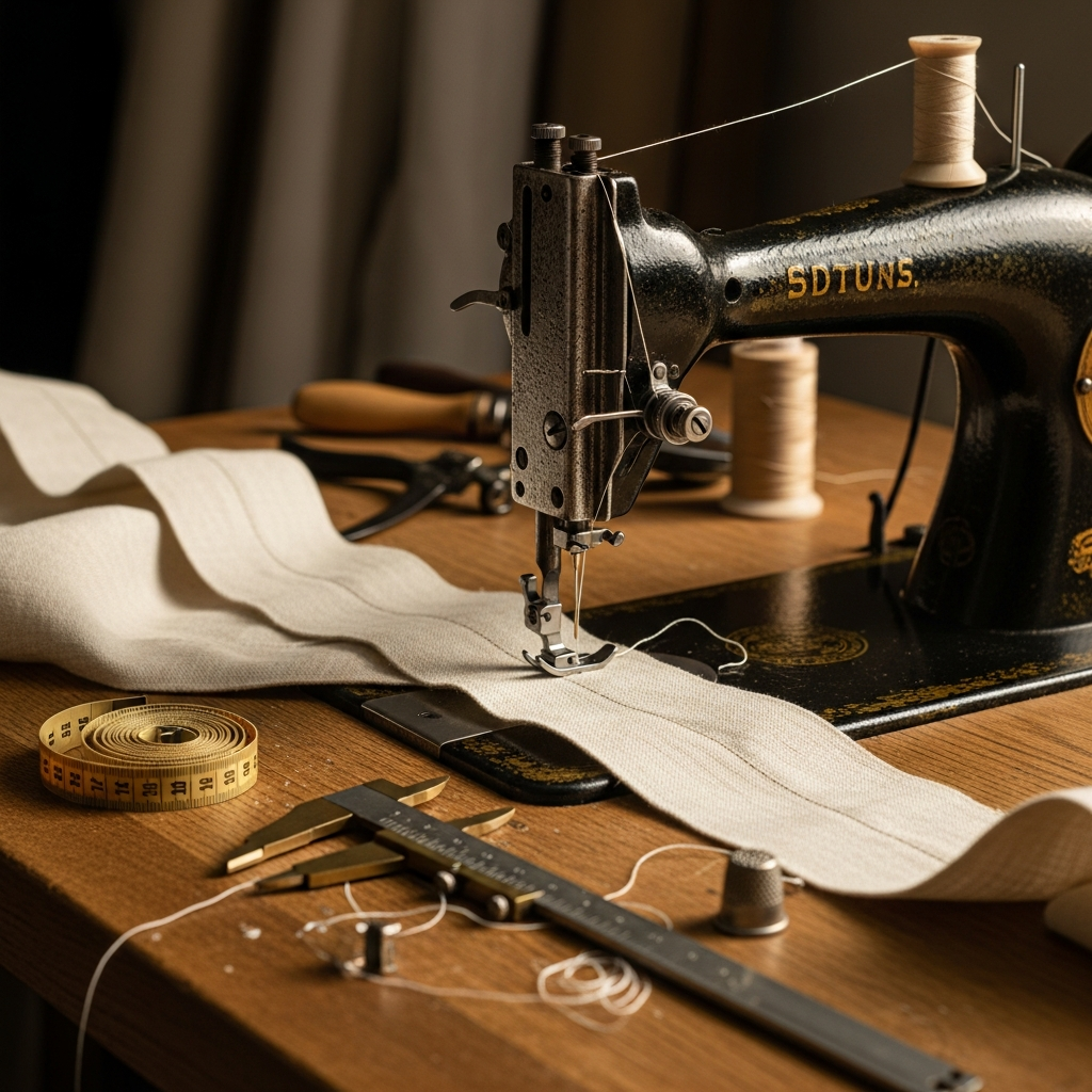 Industrial sewing machine stitching curtain fabric