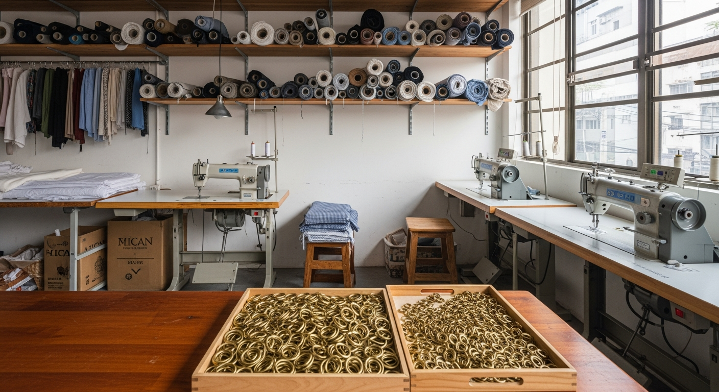 The Playfair Road workshop, sewing machines and fabric rolls