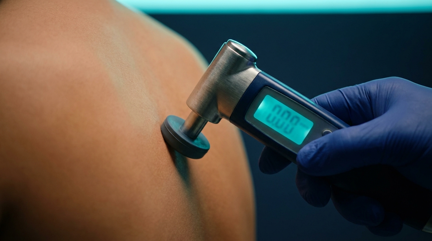 Handheld algometer applying pressure to paraspinal tissue