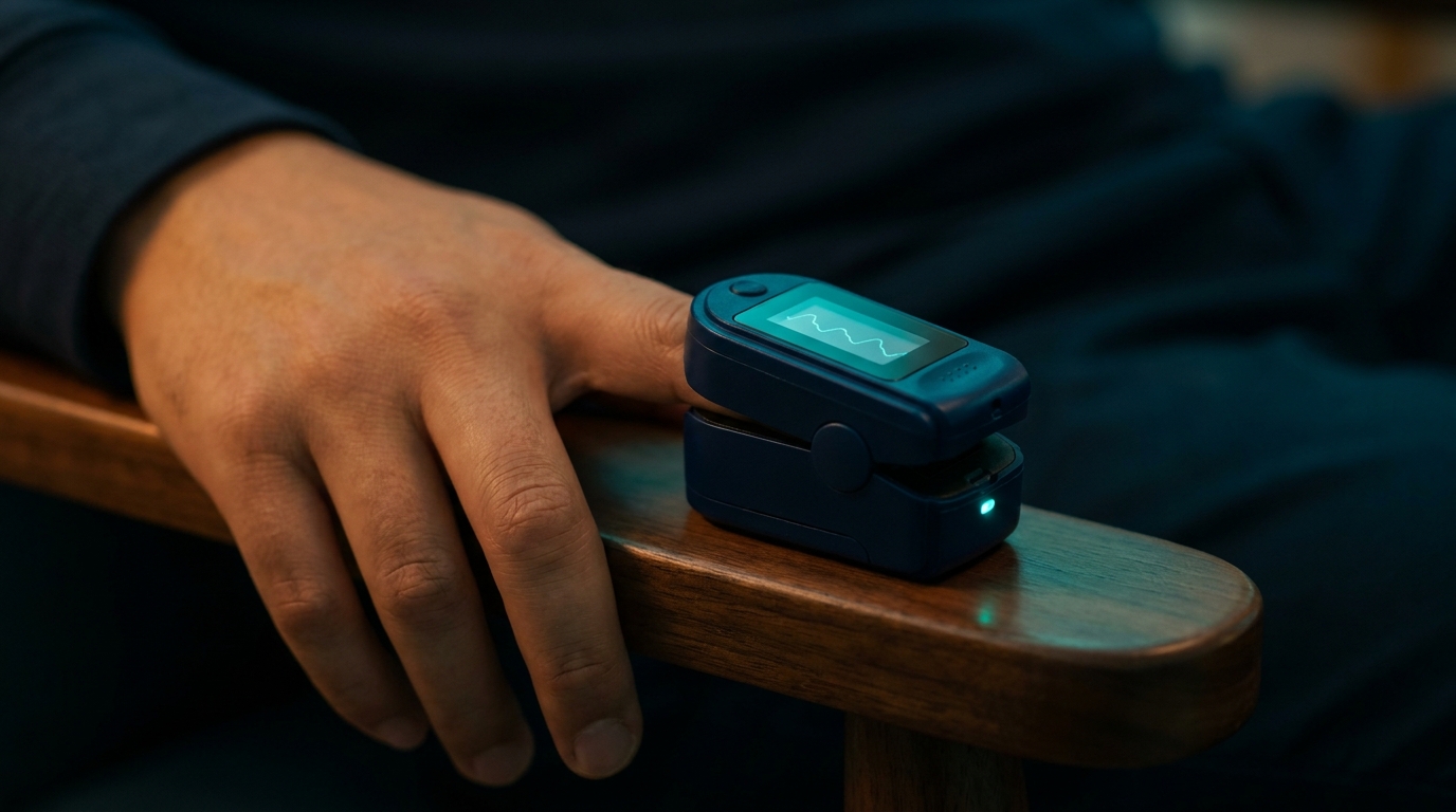 Pulse oximeter on fingertip capturing HRV