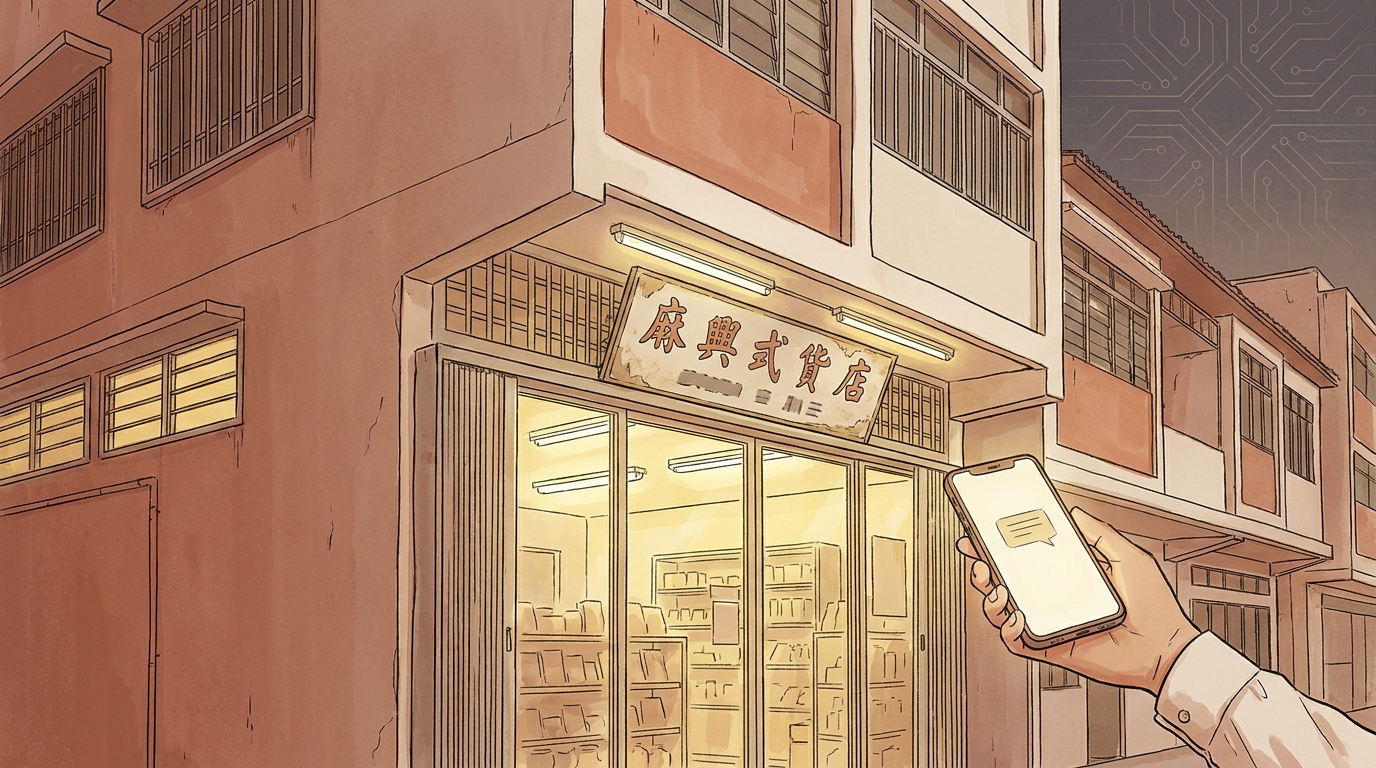 Editorial illustration: a Singapore HDB-block ground-floor neighbourhood shop at dusk with warm light spilling out, a hand in the foreground holding a phone showing a small chat conversation, faint circuit-pattern motif etched into the sky.